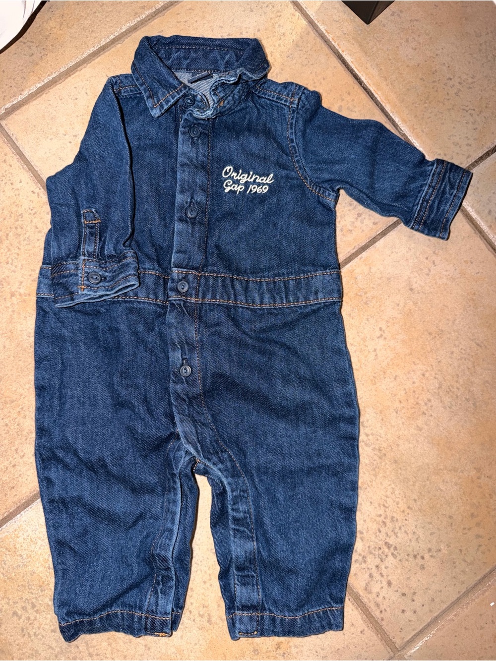 GAP Denim Baby Jumpsuit in Dark Blue with Embroidered Logo